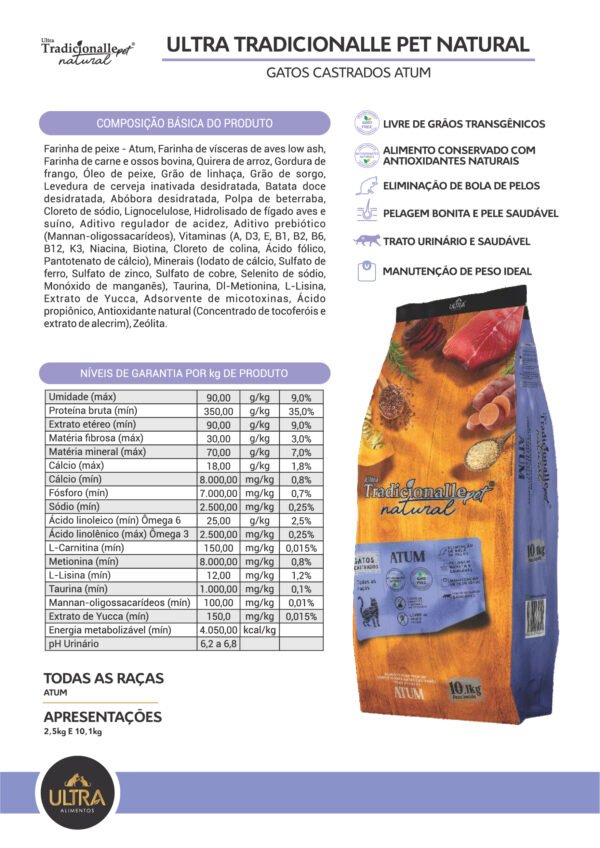 Ração Tradicionalle Gato Castrados Atum Sem Transgênicos 10,1Kg - Imagem 2